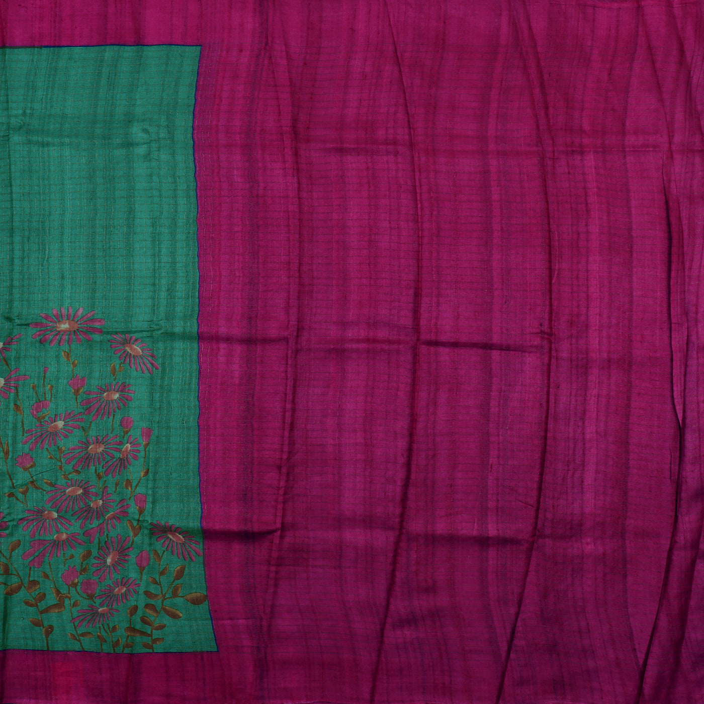 Green Tussar Silk Saree with Floral Zari Checks Design