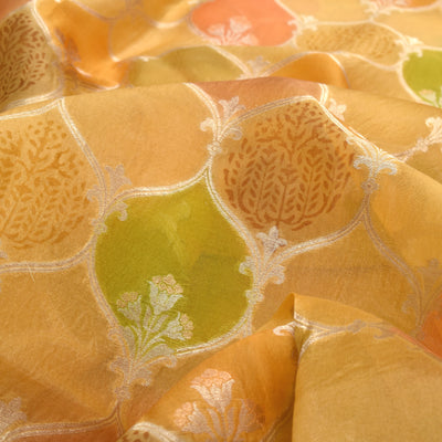 Lemon Yellow Organza Fabric with Diamond Leaf Design