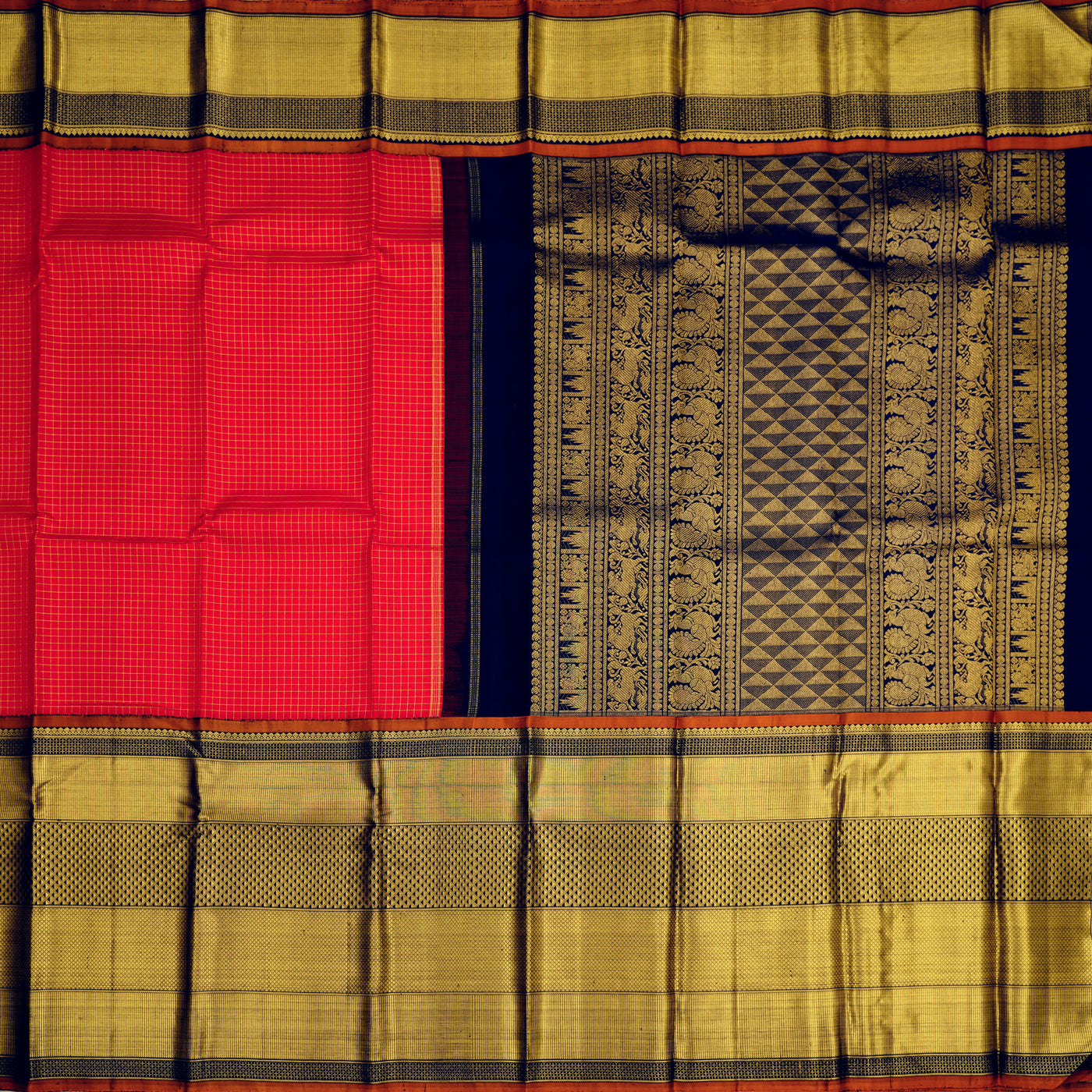 Milagai Red Kanchipuram Silk Saree with Small Checks Design