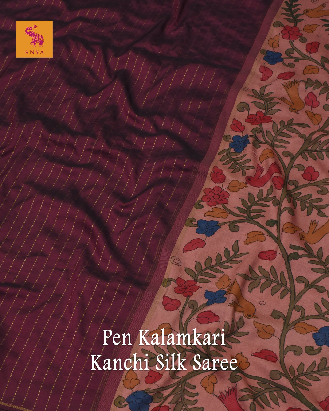 Magenta Pen Kalamkari Silk Saree with Dots and Stripes Design