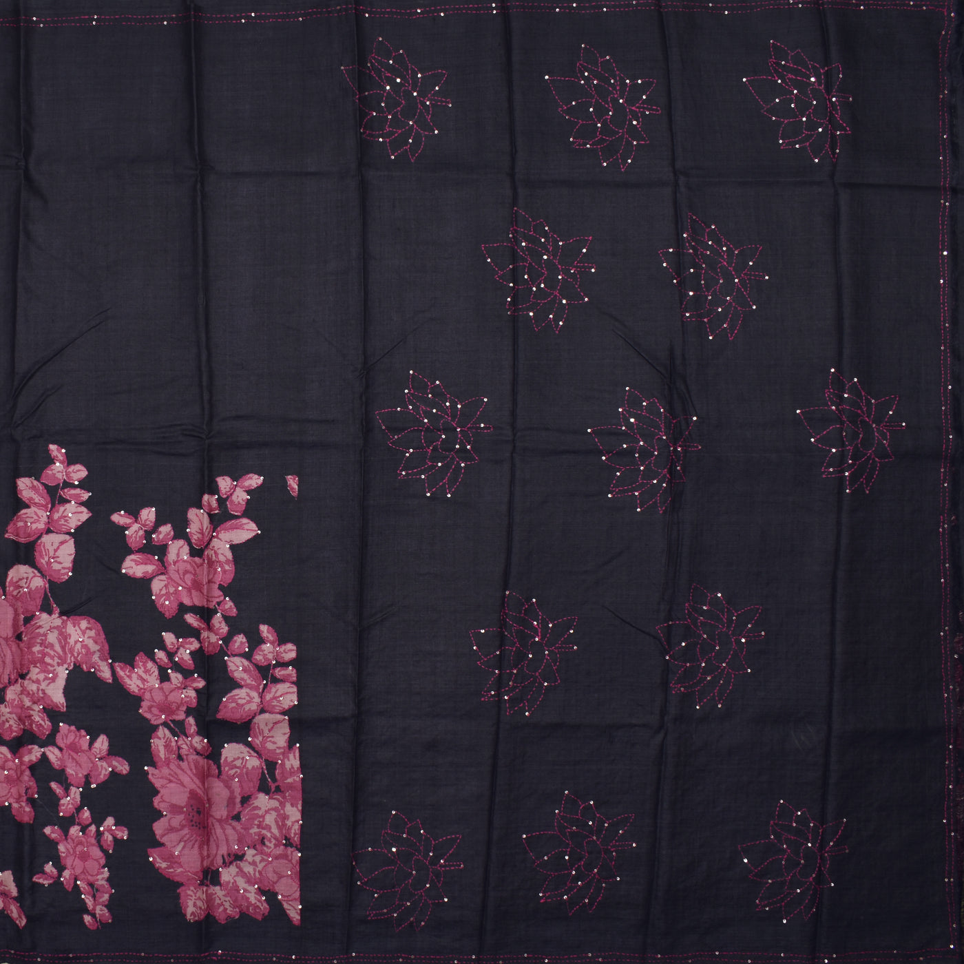 Black Tussar Silk Saree with Floral Kantha Work Design