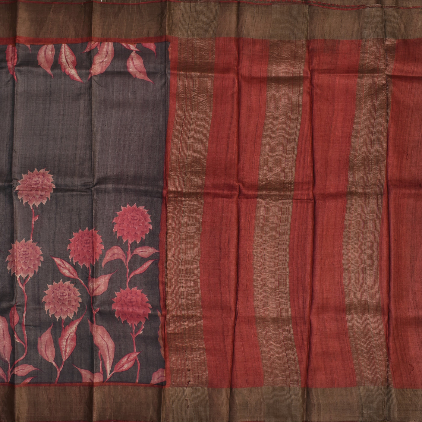 Brown Tussar Silk Saree with Floral Printed Design