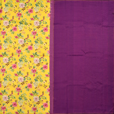 Yellow Printed Kanchi Silk Saree with Floral Design
