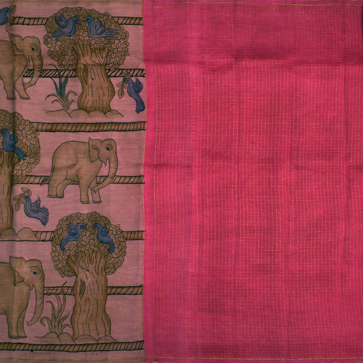 Onion Pink Pen Kalamkari Silk Saree with Elephant Design