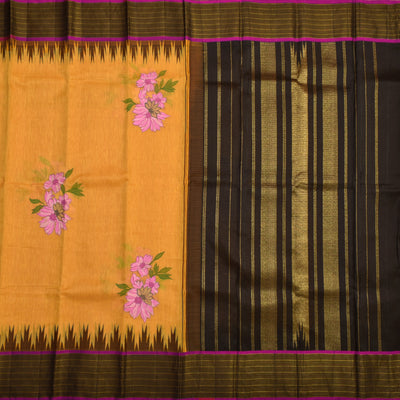 Mustard Linen Hand Painted Kanchi Silk Saree with Flower Design