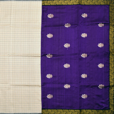 Off White Kanchi Silk Saree with Violet Tussar Raw Silk Pallu and Blouse