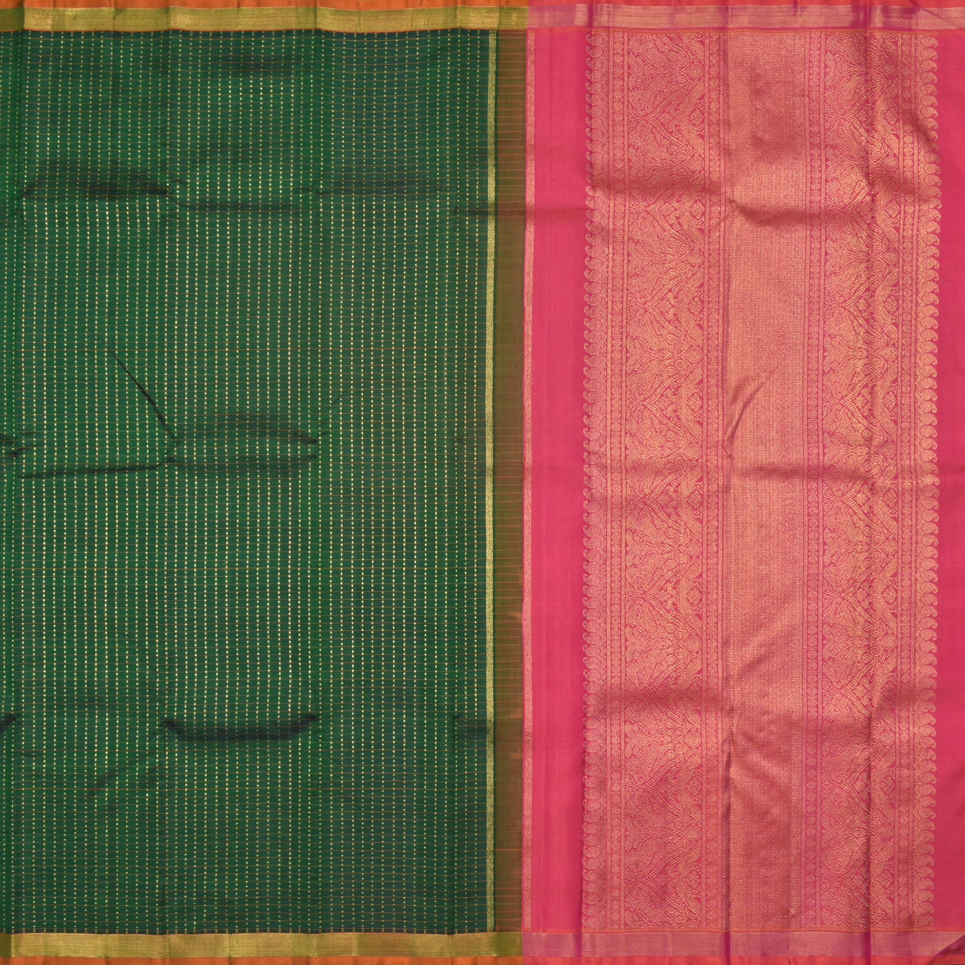 Bottle Green Kanchi Silk Saree with Dots and Checks Design