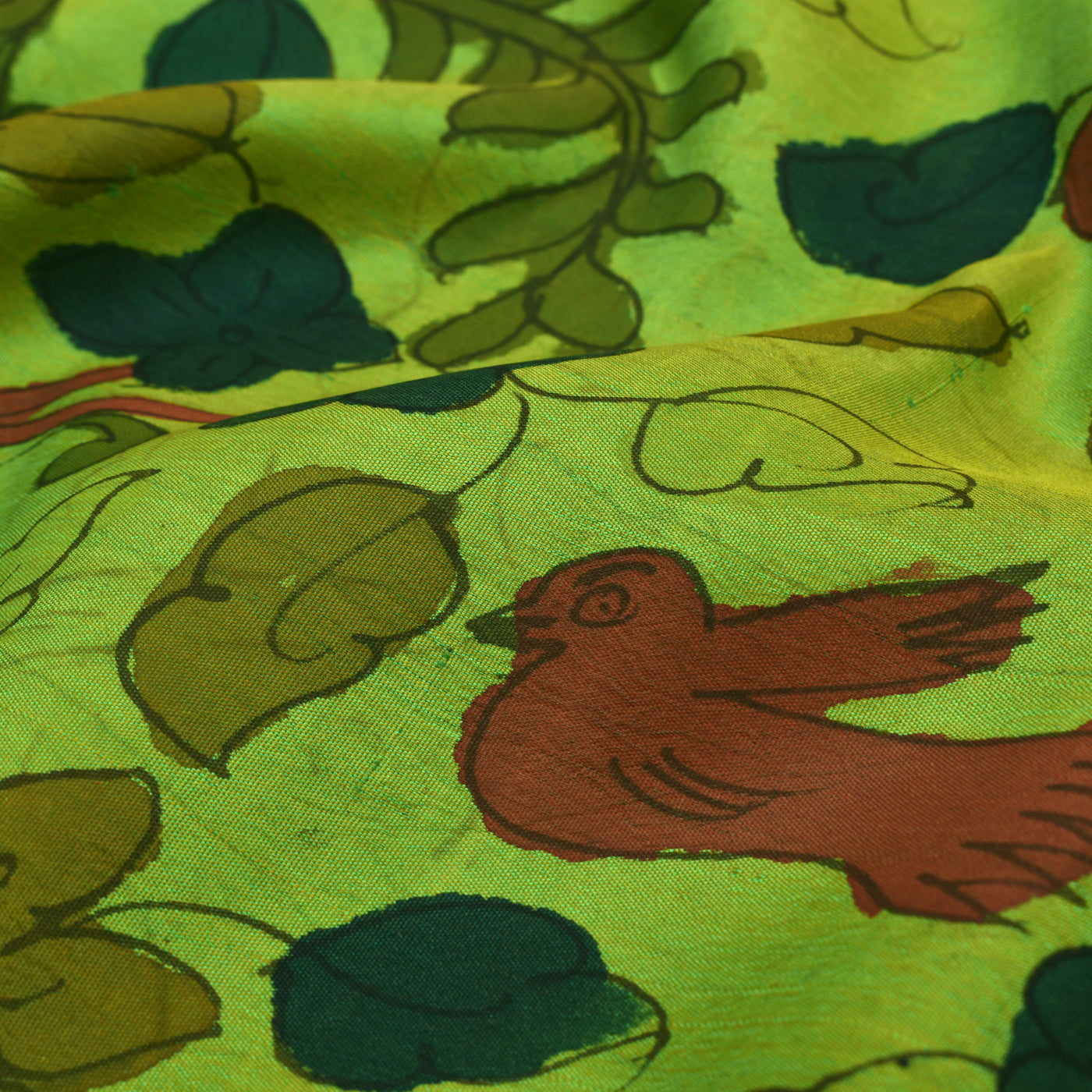 Samangha Green Pen Kalamkari Kanchi Silk Fabric with Leaf Design