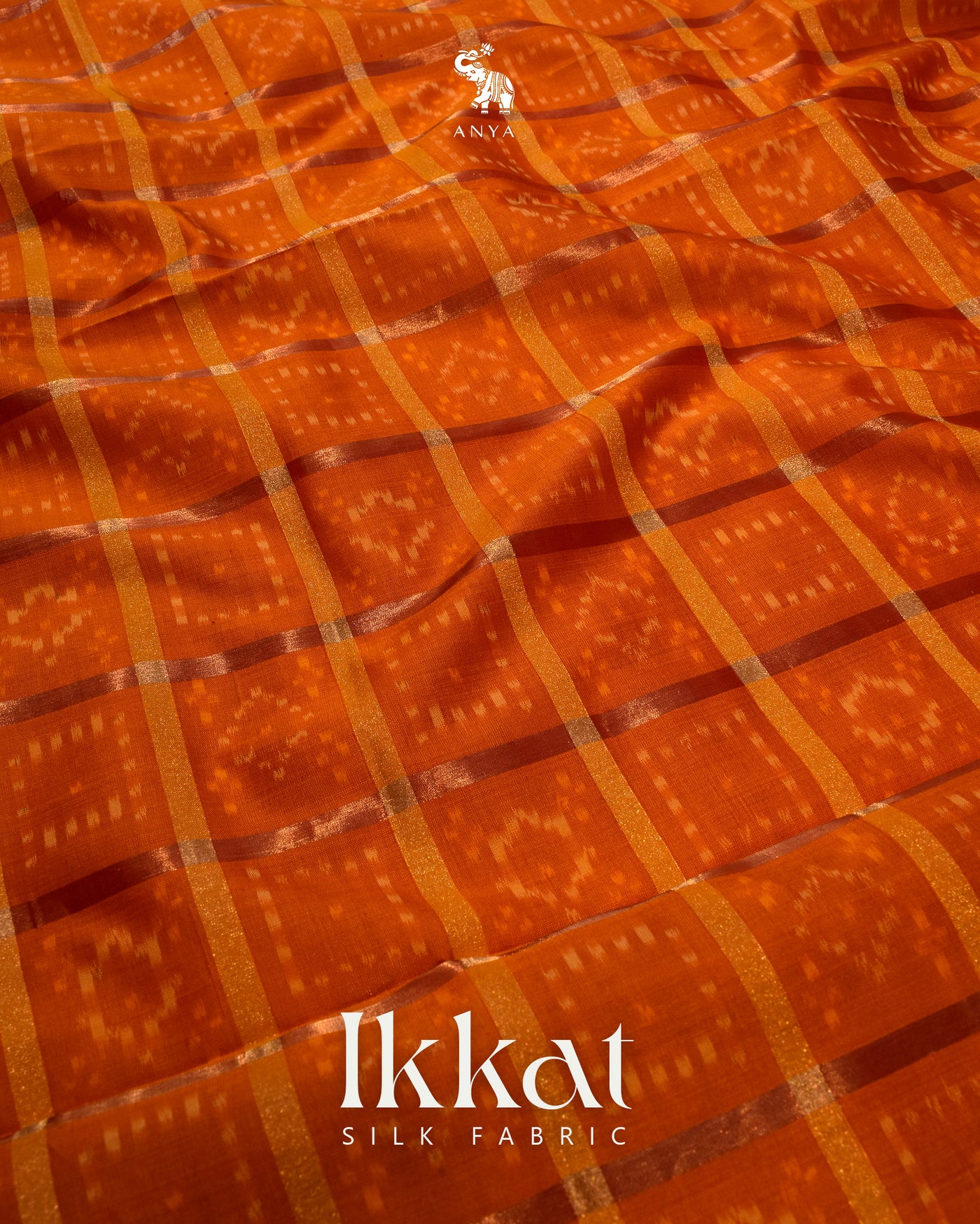 Oil Mustard Ikkat Silk Fabric with Checks Design