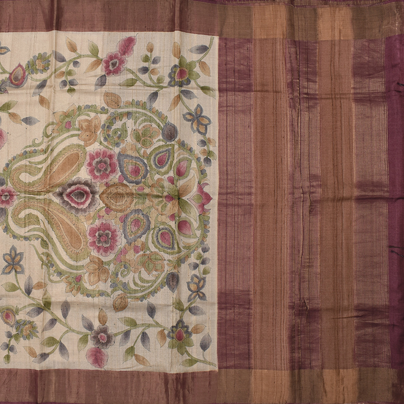 Off White Tussar Silk Saree with Kalamkari Print Design