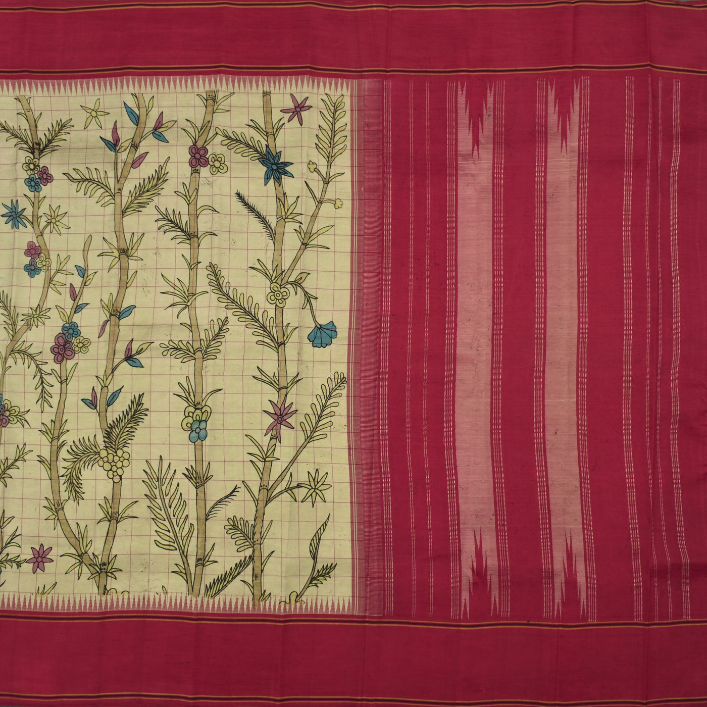 Beige Pen Kalamkari Silk Saree with Floral Checks Design