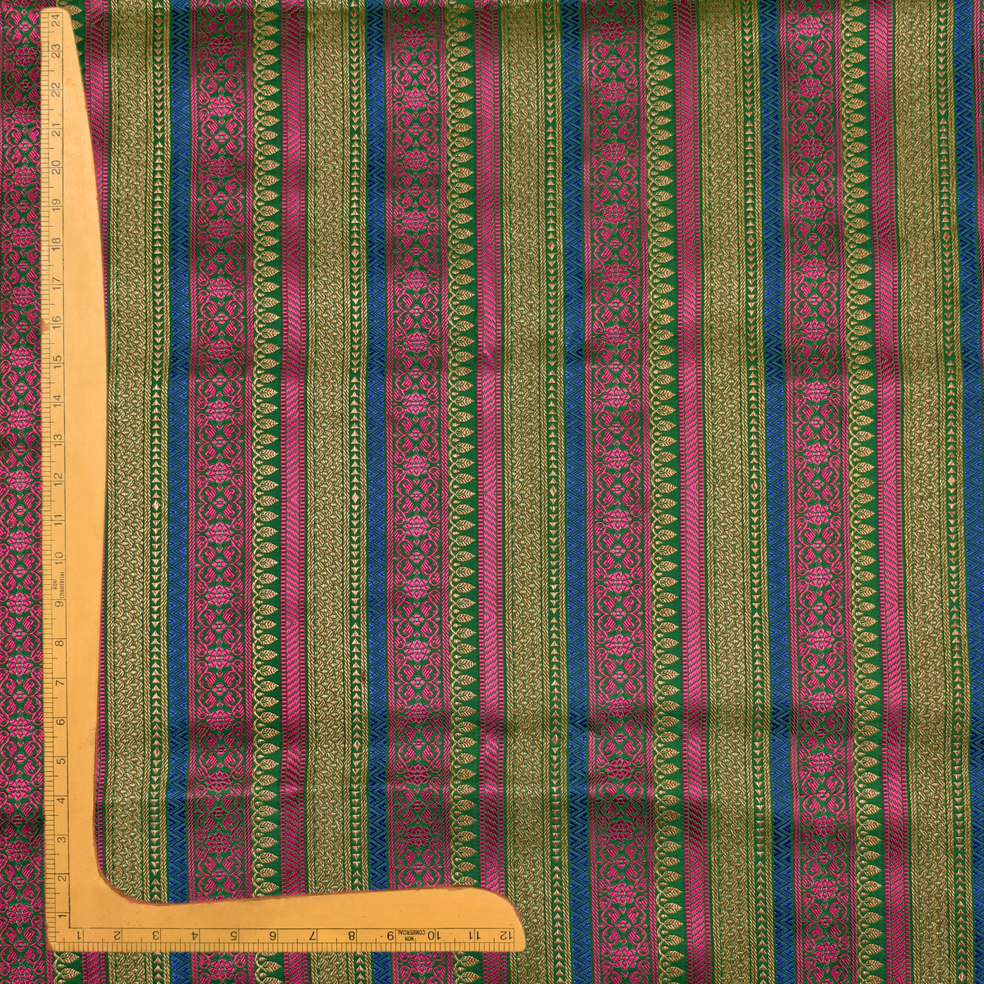 Green and Magenta Banarasi Silk Fabric with Stripes Design
