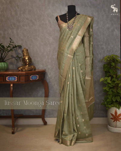 Apple Green Tussar Moonga Saree with Zari Butta Design