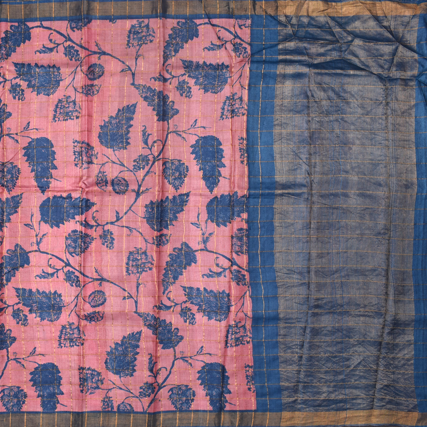 Pink Tussar Silk Saree with Leaf Print and Zari Checks Design