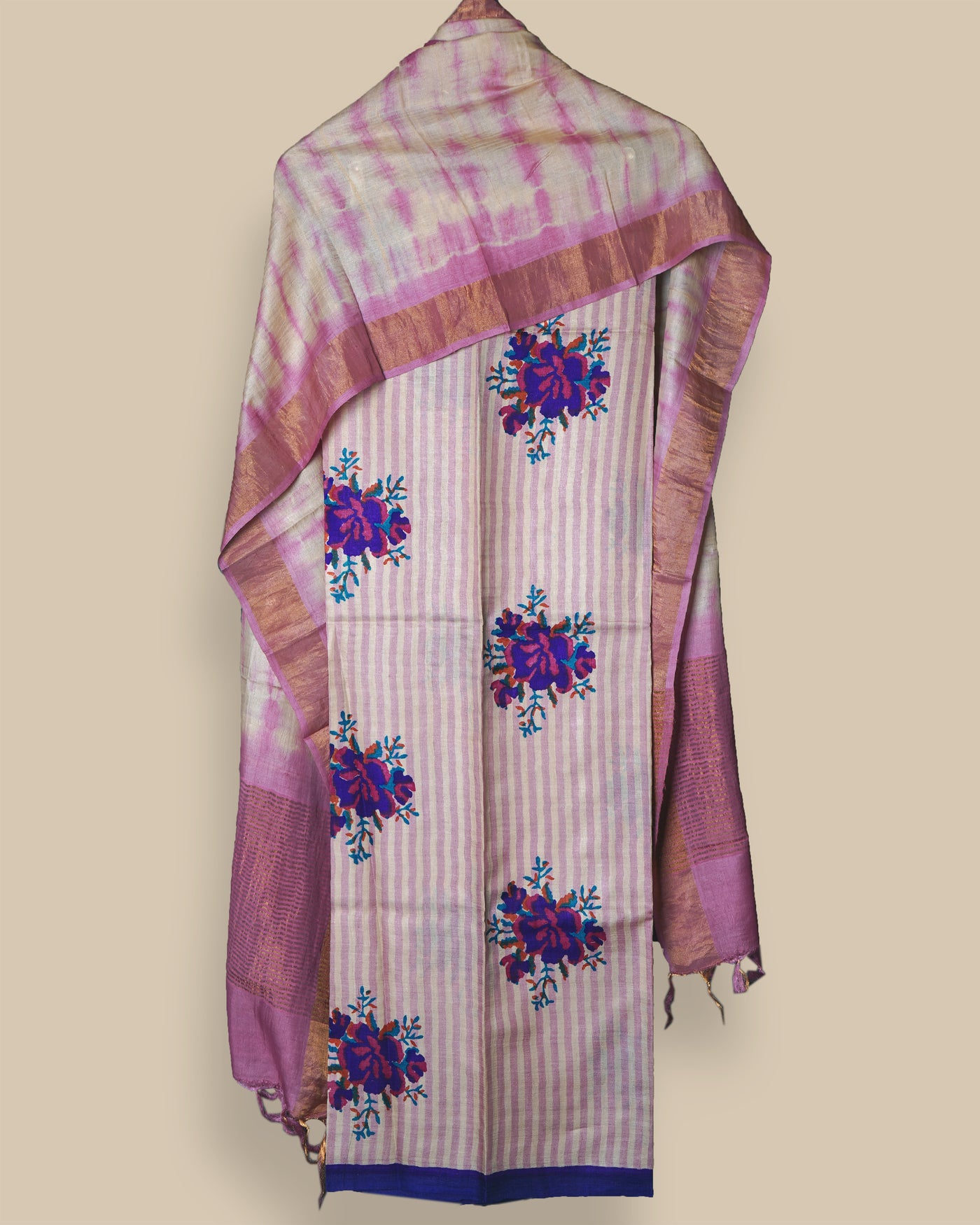 Off White Tussar Silk Salwar with Off White and Pink Shibori Print Dupatta