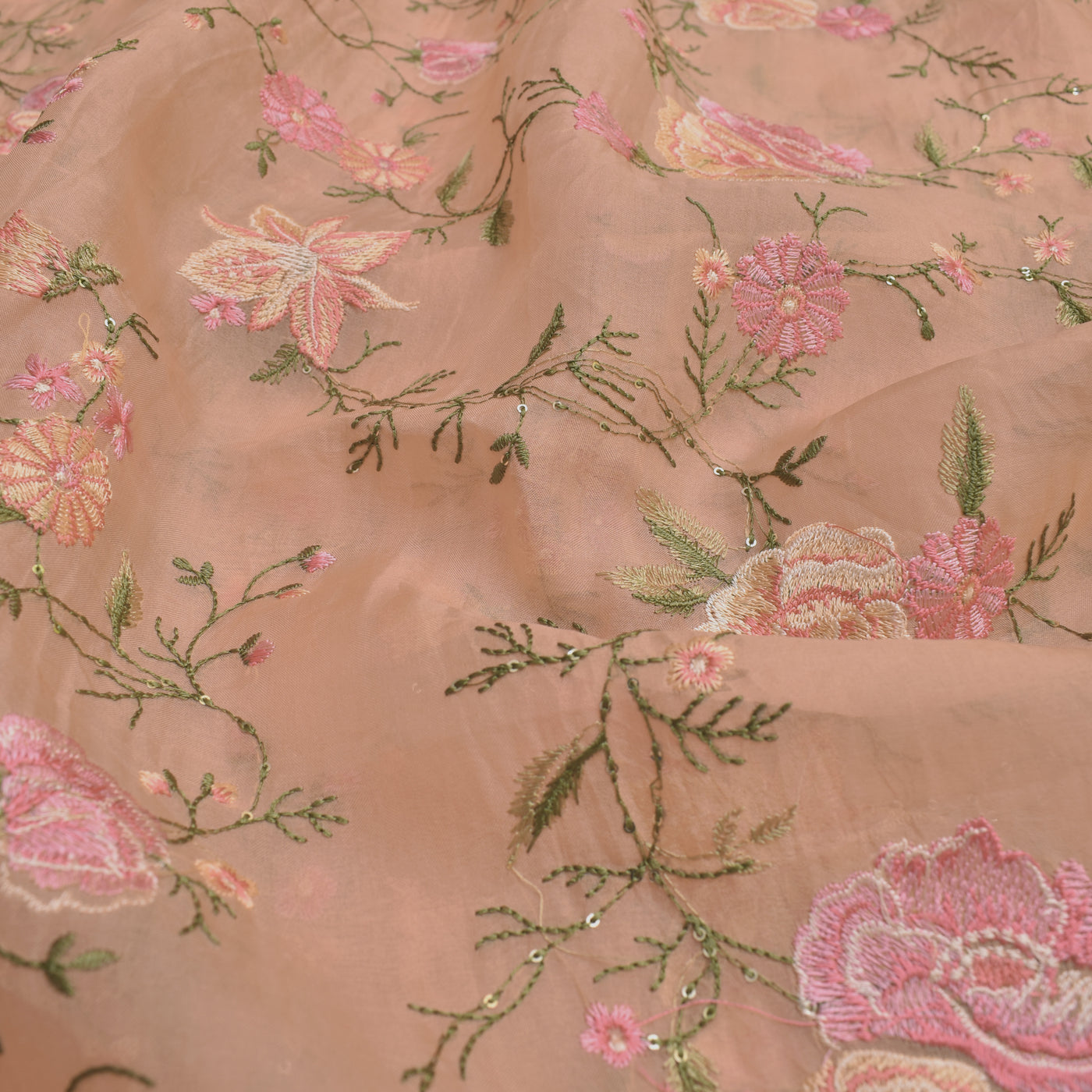 Peach Organza Fabric with Floral Creeper Embroidery Design