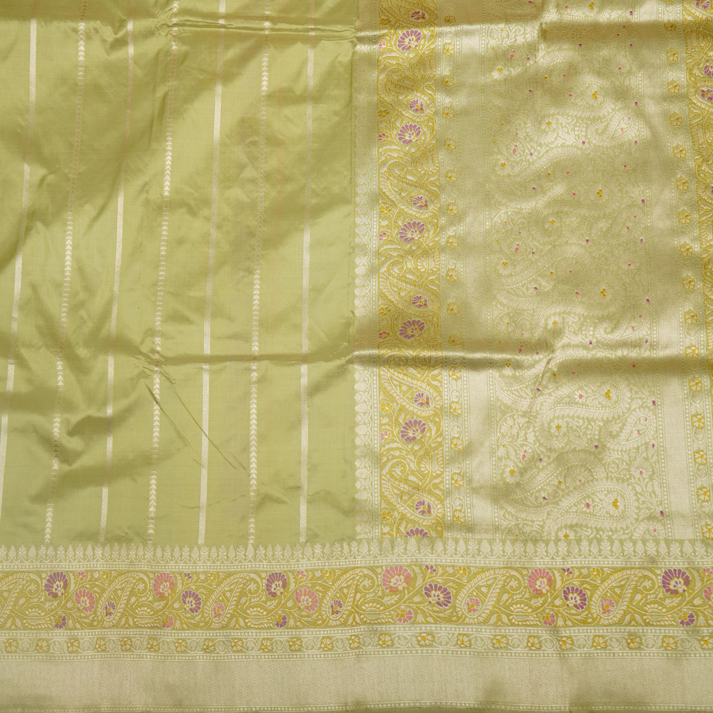 Elaichi Green Banarasi Silk Saree with Zari Stripes Design
