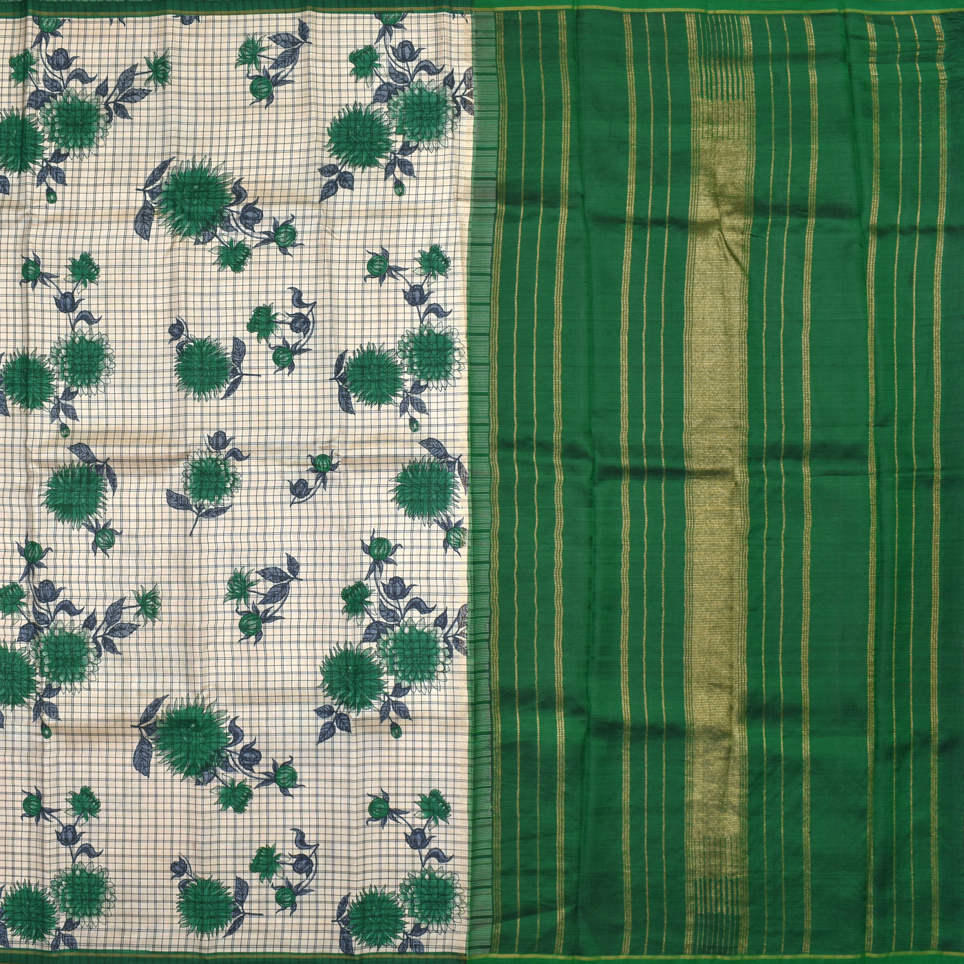 Off White Printed Kanchi Silk Saree with Small Checks and Floral Printed Design