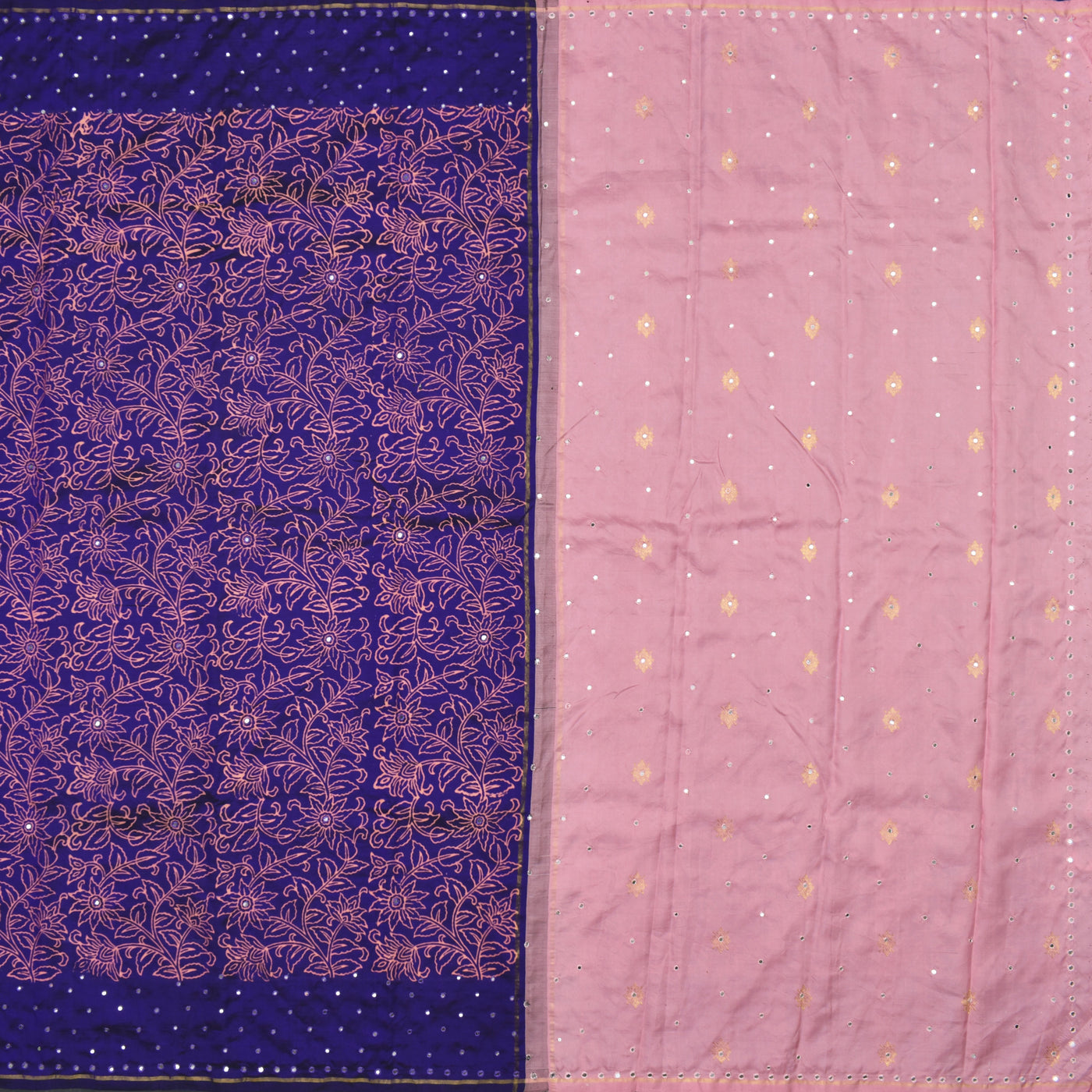 Ms Blue Printed Kanchi Silk Saree with Floral Print and Mirror Work Design