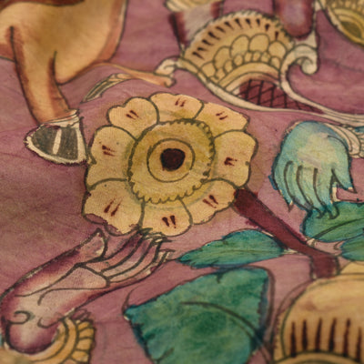 Onion Pink Pen Kalamkari Kanchi Silk Fabric with Dancing Doll Design