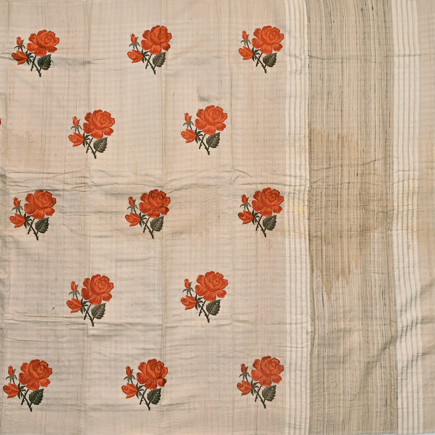 Off White Tussar Silk Saree with Flower Embroidery Work Design