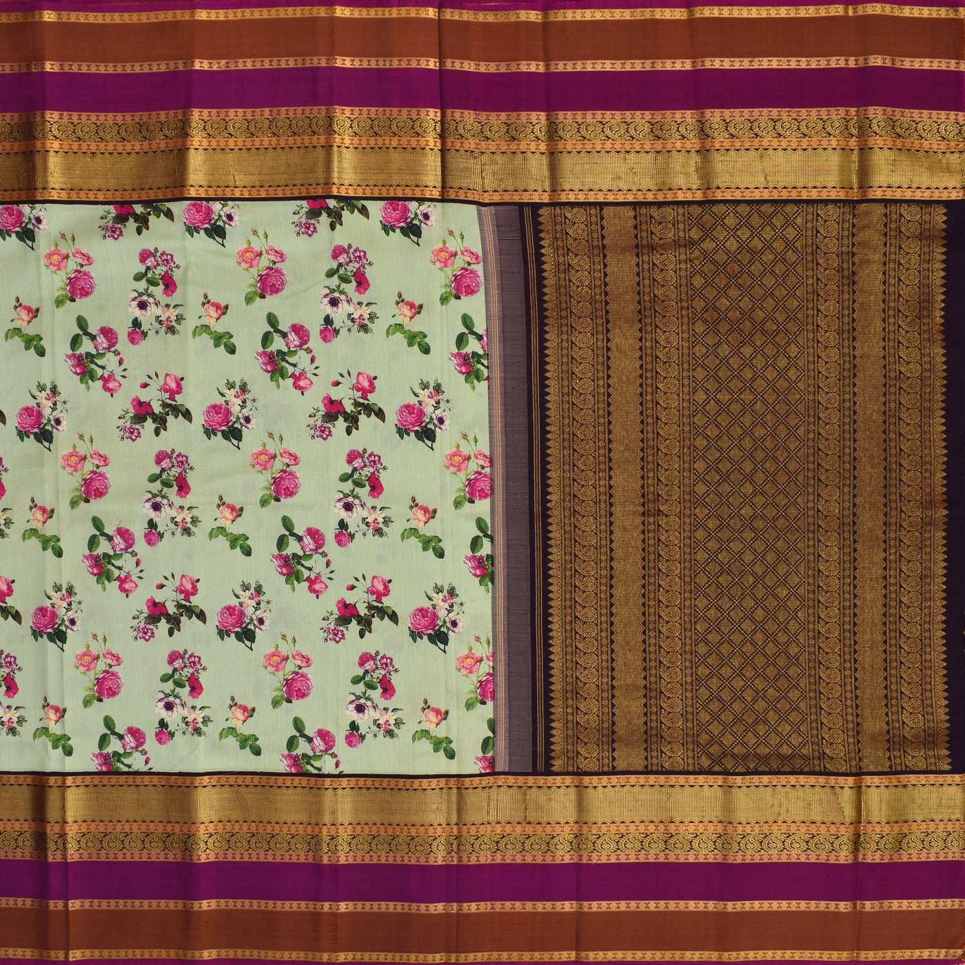 Apple Green Printed Kanchi Silk Saree with Floral Design