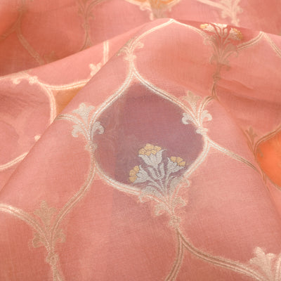 Peach Organza Fabric with Diamond Leaf Design