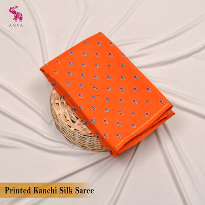 Orange Printed Kanchi Silk Saree with Small Flower Print Design