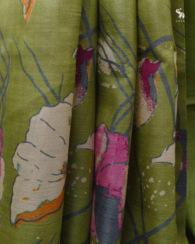 Apple Green Tussar Silk Saree with Floral Printed Design
