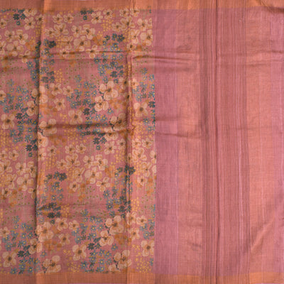 Onion Pink Tussar Silk Saree with Floral Print Zari Checks Design