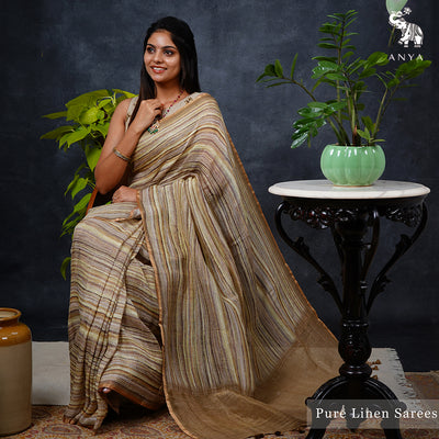 Olive Green Linen Saree with Lines Design