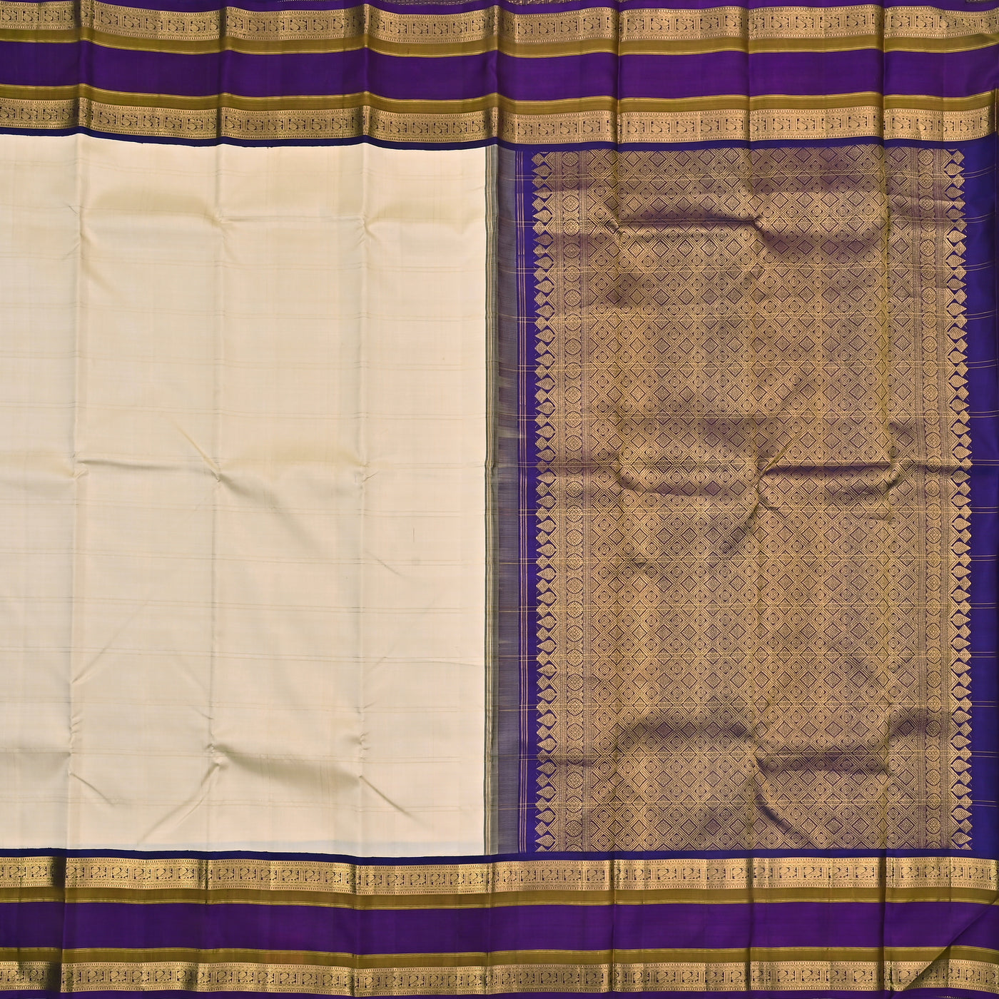Off White Kanchipuram Silk Saree with Kattam Design