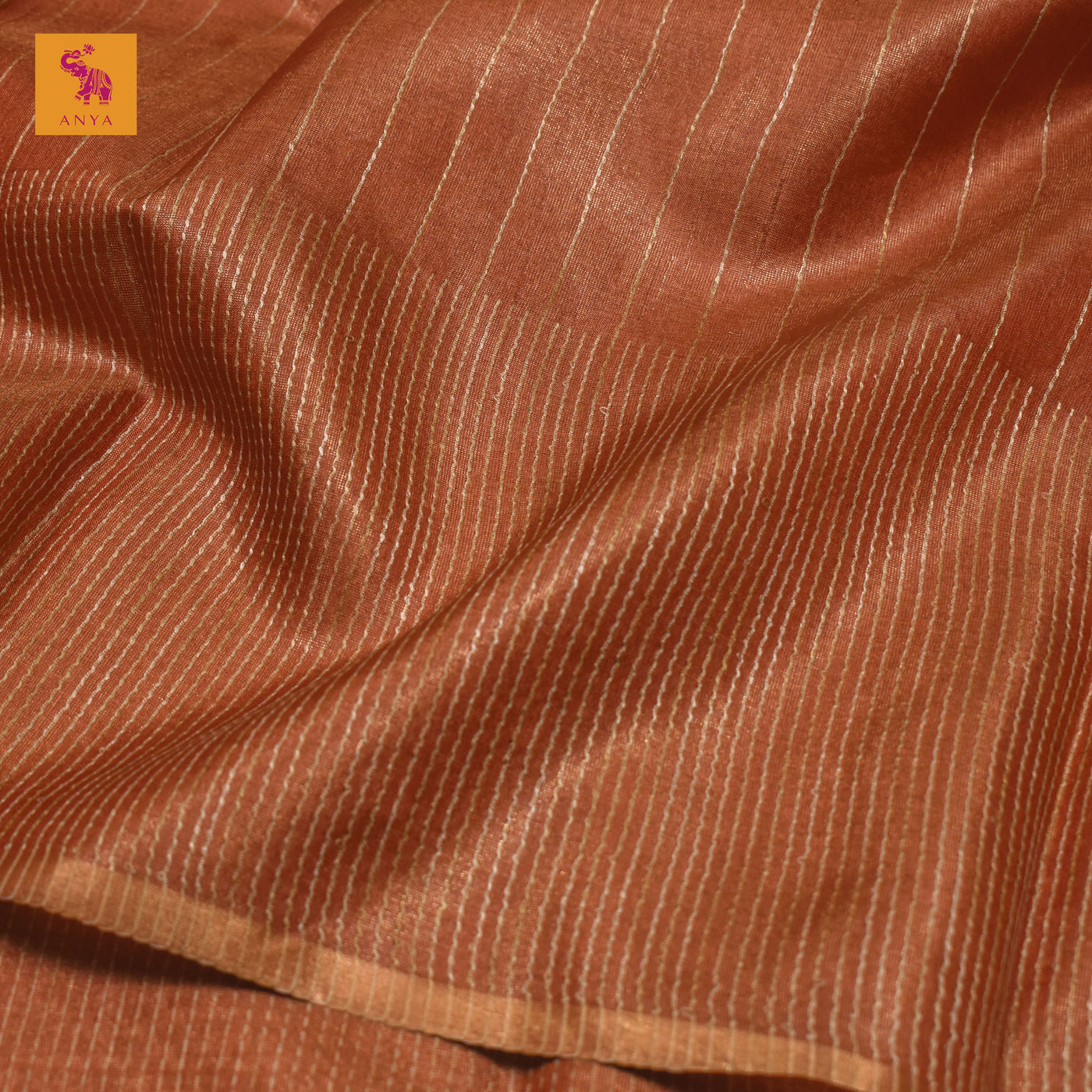 Rust Tussar Silk Saree with Horizontal Stripes Design