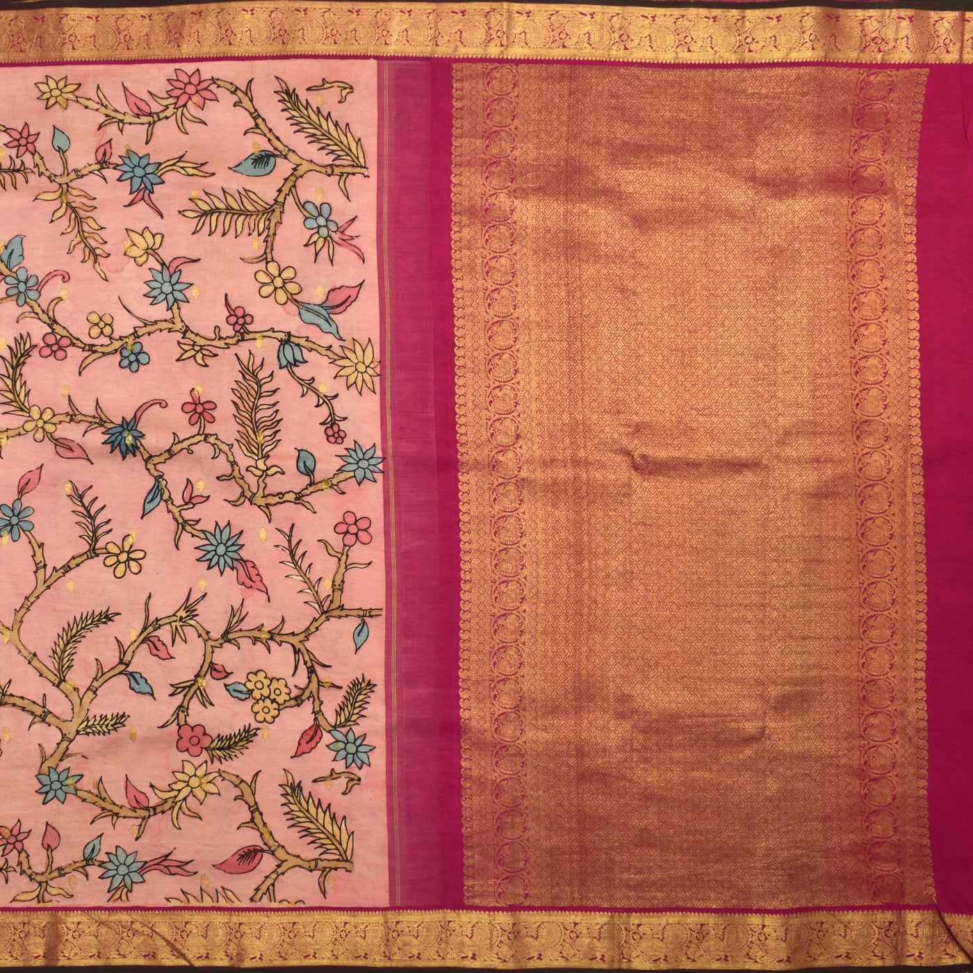 Onion Pink Pen Kalamkari Silk Saree with Floral Creeper Design