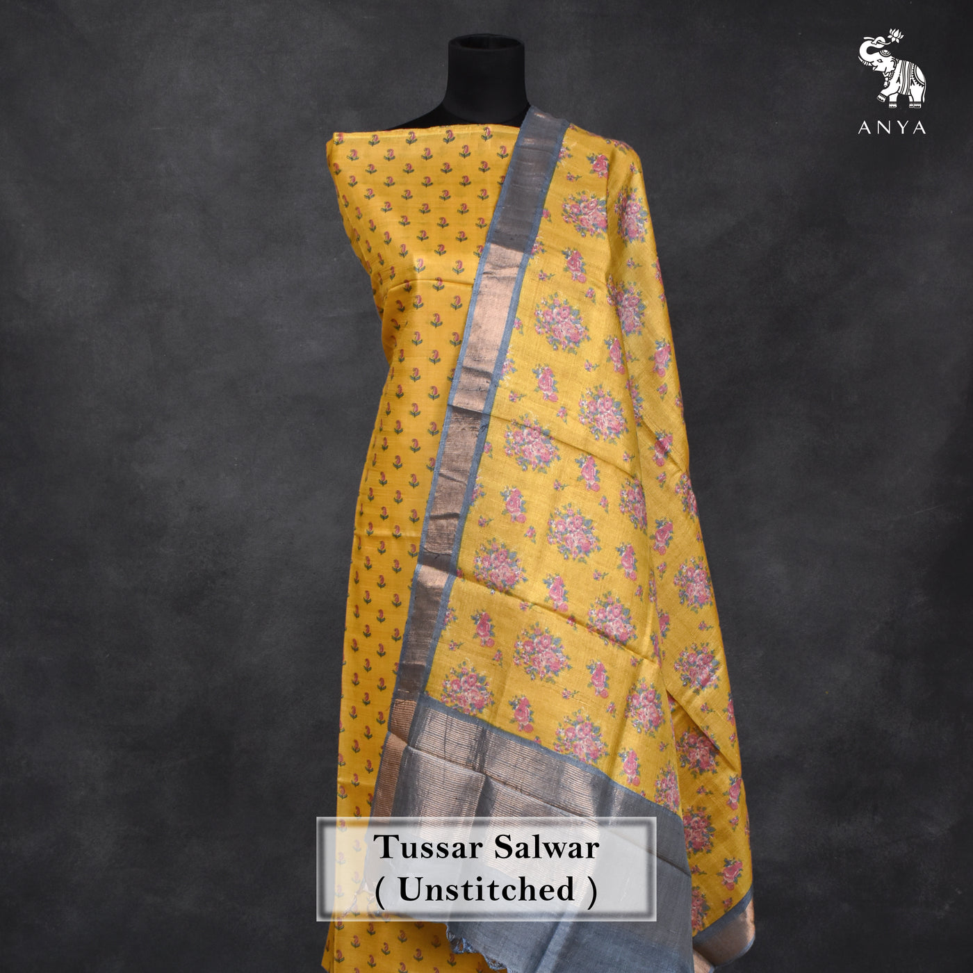 Mustard Tussar Silk Salwar with Mustard Floral Print Dupatta