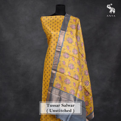 Mustard Tussar Silk Salwar with Mustard Floral Print Dupatta