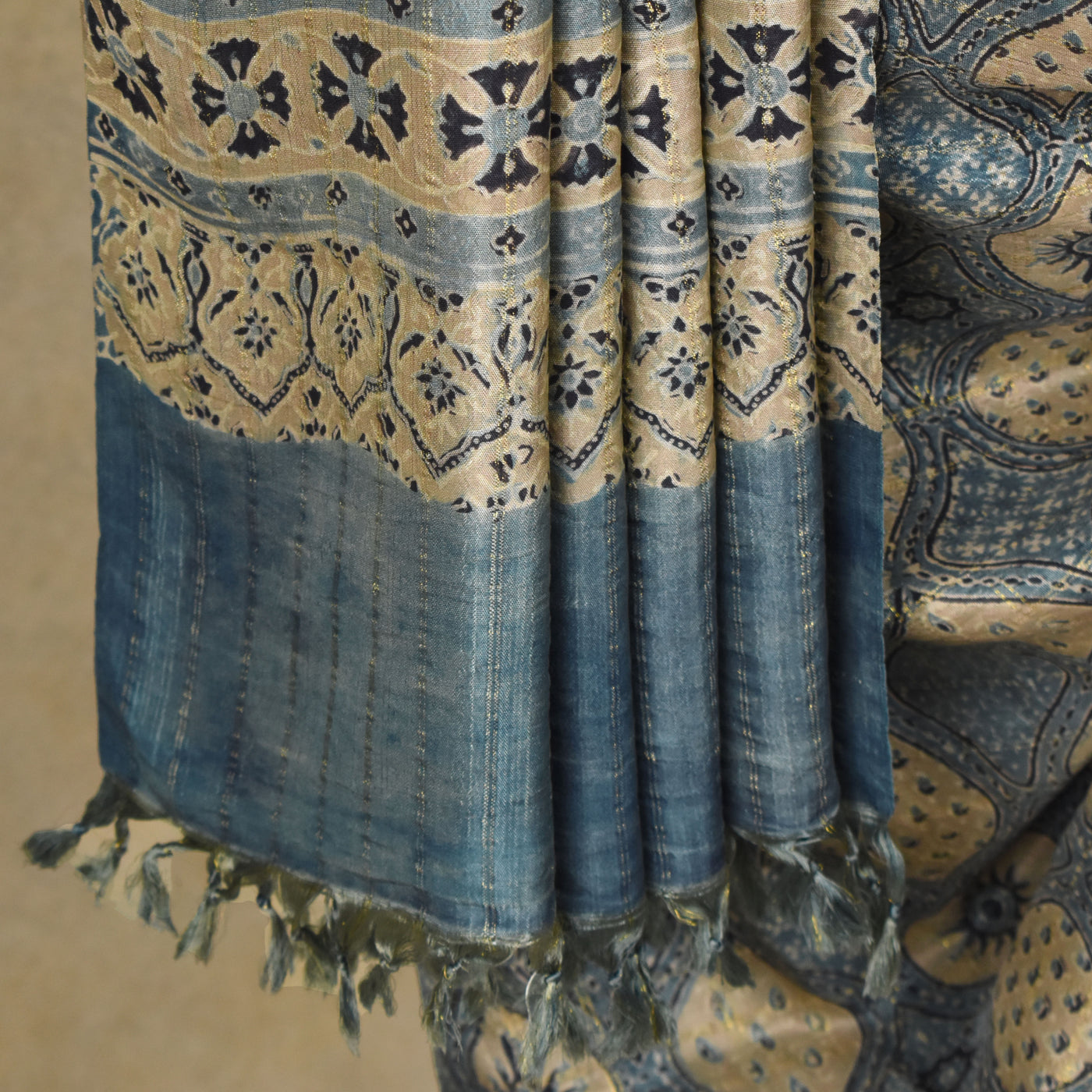 Greyish Blue Kanchi Silk Ajrak Print Saree with Checks Design