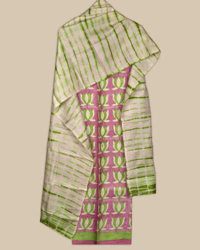 Pink Tussar Silk Salwar with Green and Off White Shibori Print Dupatta