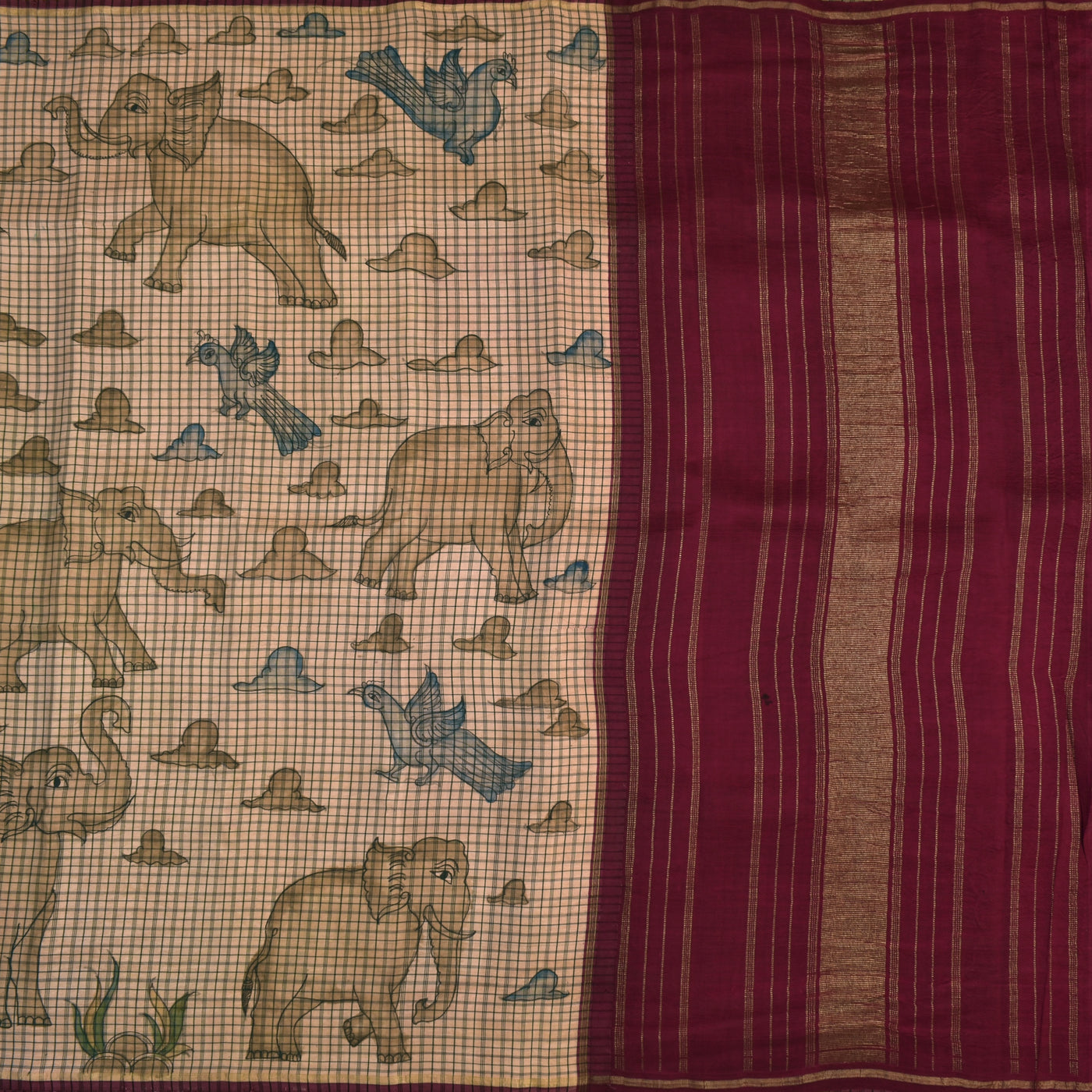Off White Pen Kalamkari Silk Saree with Elephant Design