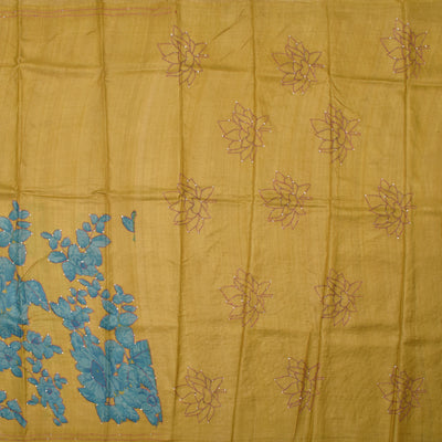 Mustard Tussar Silk Saree with Floral Kantha Work Design