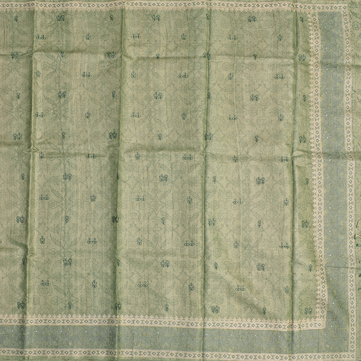 Apple Green Tussar Silk Saree with Floral Embroidery Design