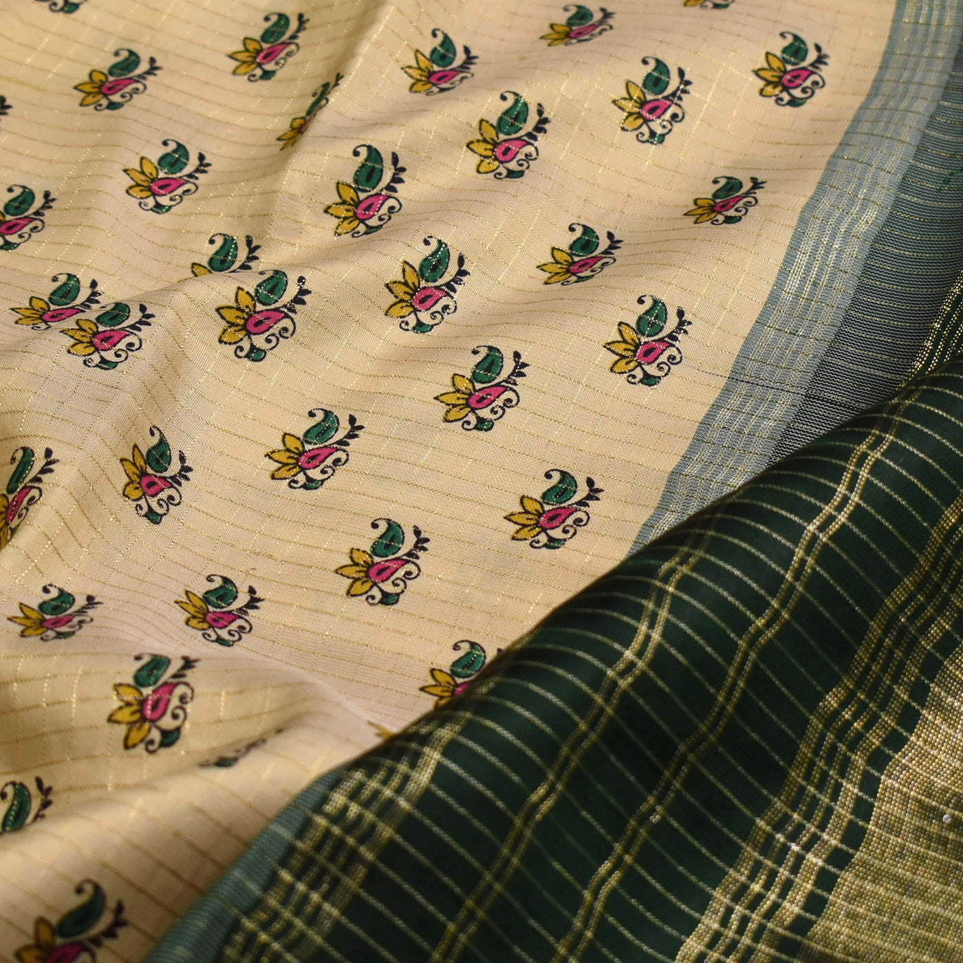 Off White Printed Kanchi Silk Saree with Small Print and Small Zari Checks Design