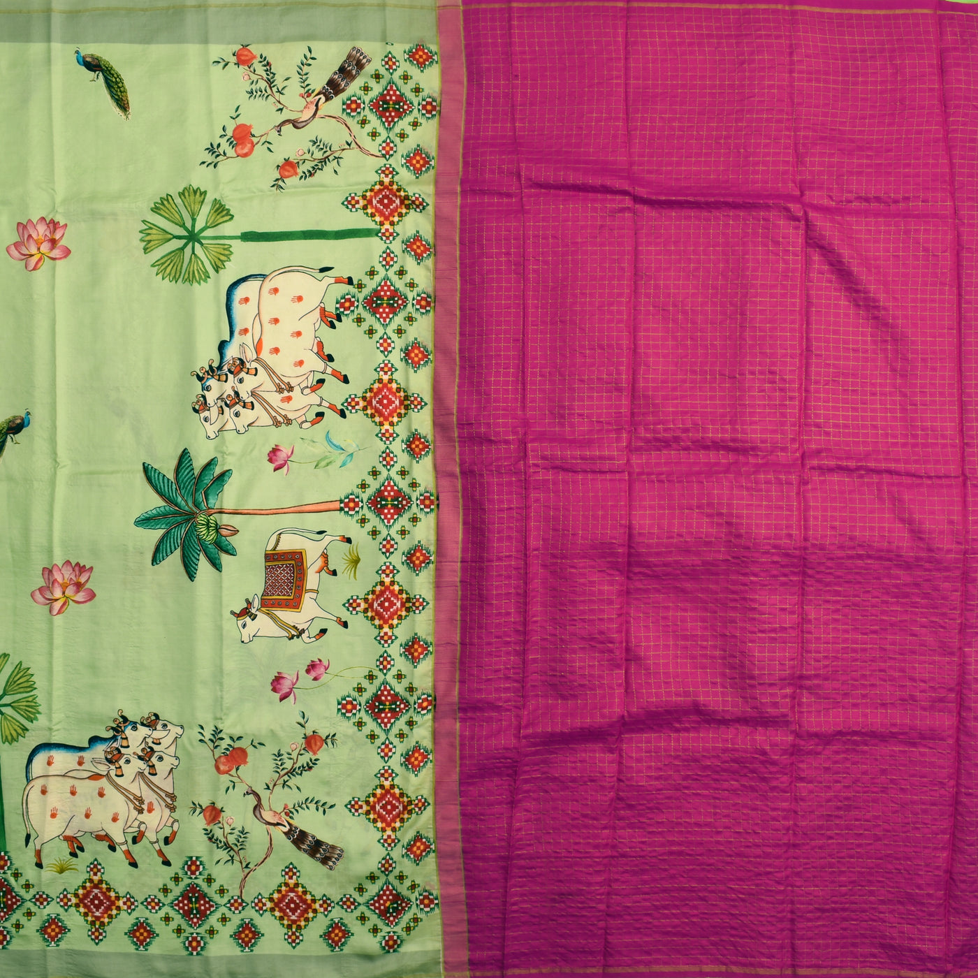 Pista Green Printed Kanchi Silk Saree with Pichwai Print Design