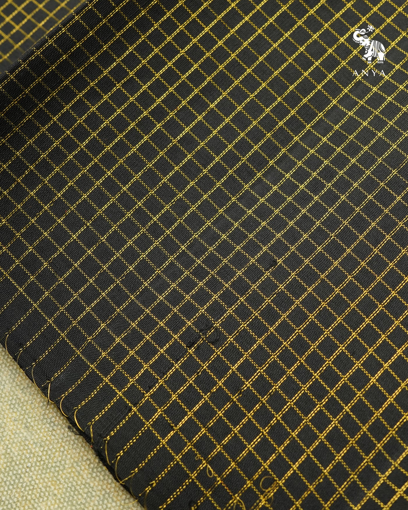 Black Kanchi Silk Fabric with Zari Checks Design