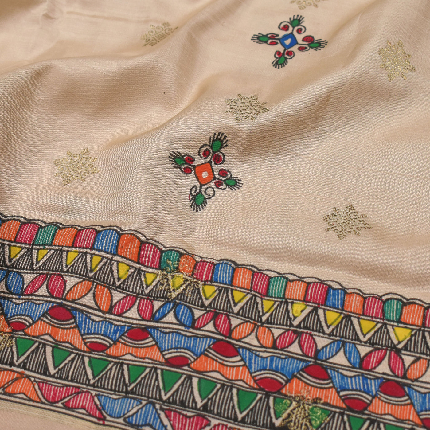 Off White Madhubani Kanchi Silk Saree with Pink and Green Zari Butta Pallu