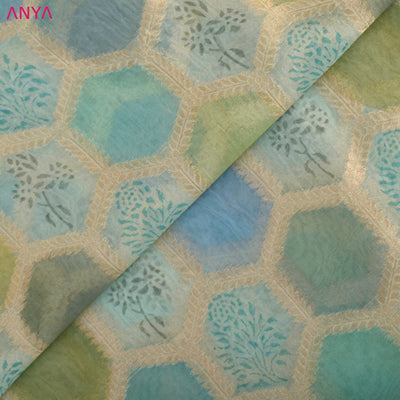 Blue Organza Fabric with Diamond Leaf Design