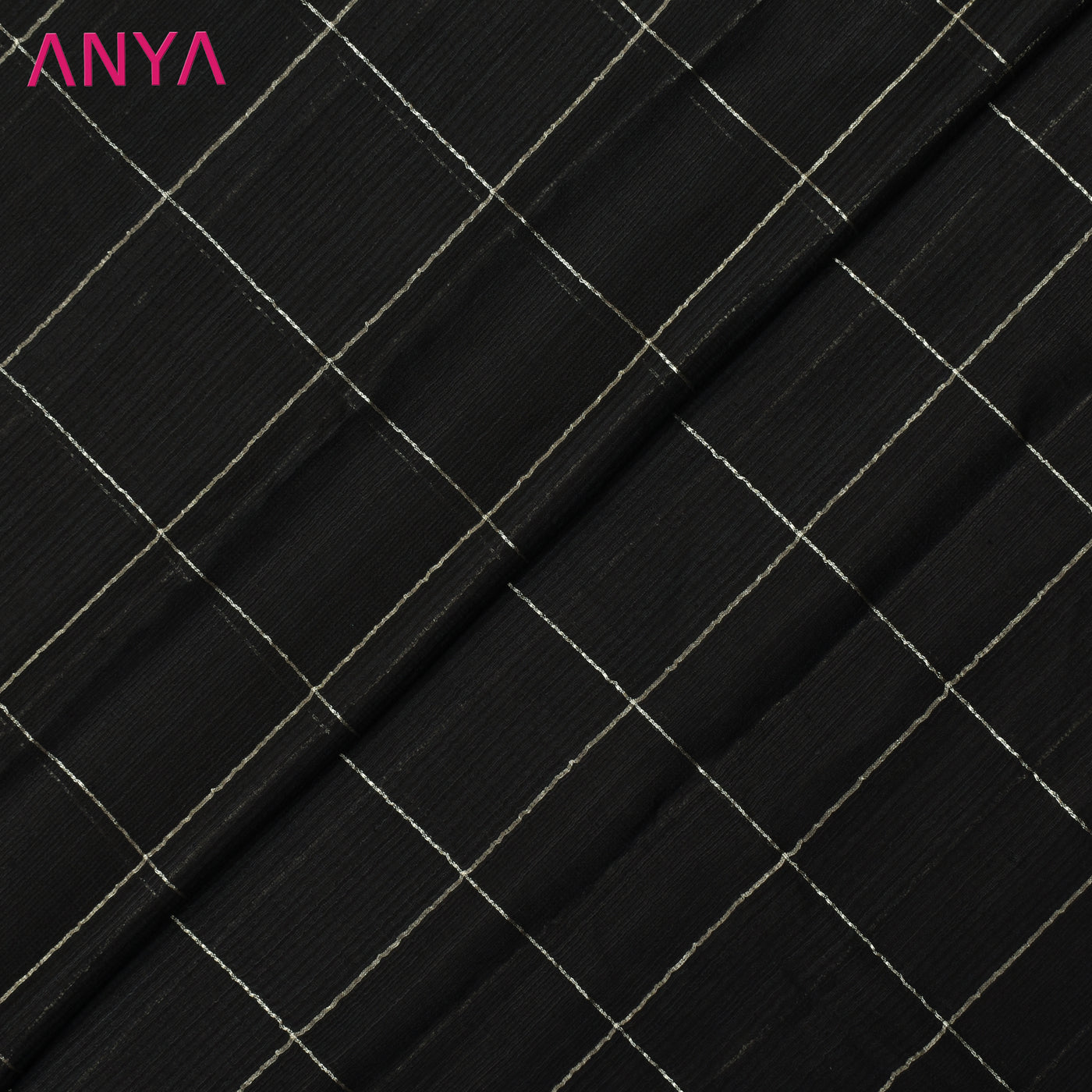 Black Matka Silk Fabric with Big Zari Checks Design