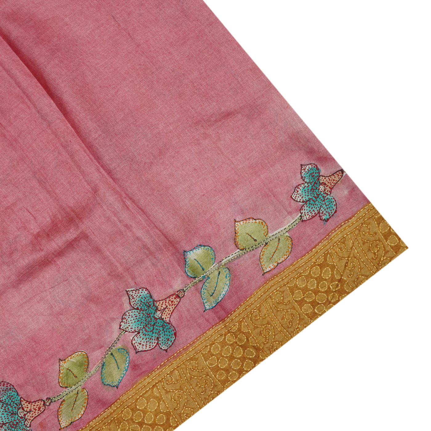 Oil Mustard Tussar Silk Saree with Kantha Work Design