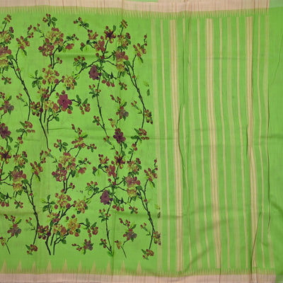 Parrot Green Tussar Silk Saree with Floral Printed Design