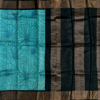 Blue Tussar Silk Saree with Floral Printed Design